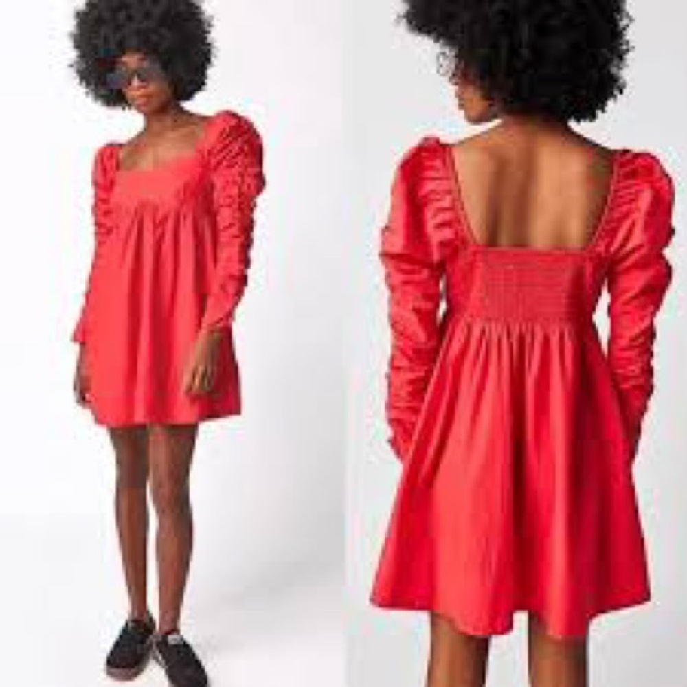 NWT! Free People XS Lindsay Baby Doll  pinkish-red dress long sleeve Pockets.